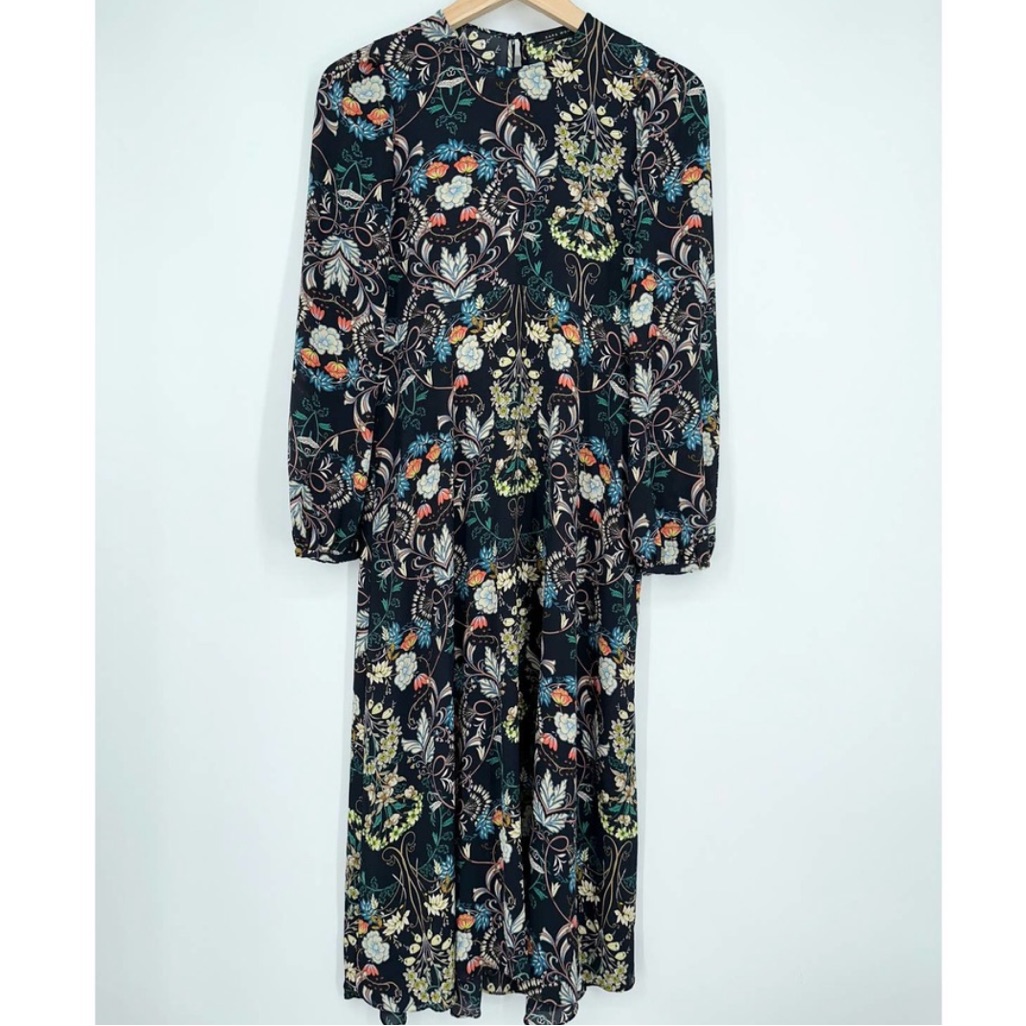 Zara Floral Long Sleeve Dress - Black And Multicolor